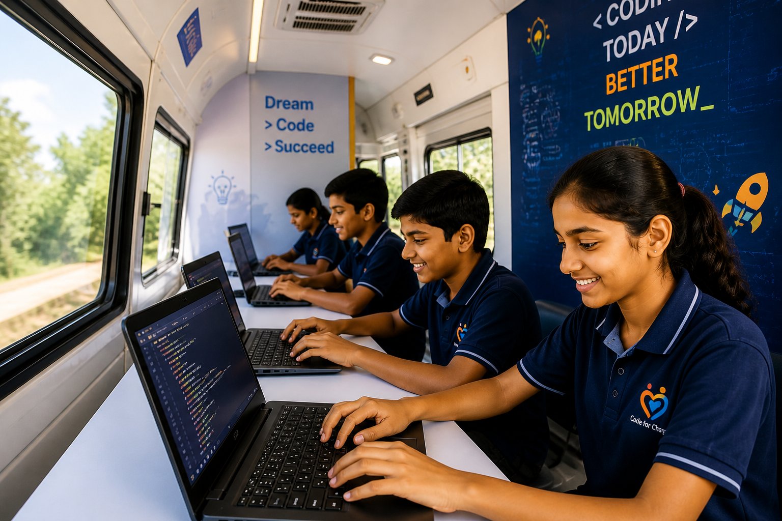 Students learning to code on the Coding on Wheels bus